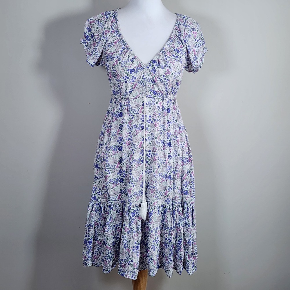 Suzy Shier Tiered Floral Dress Womens XS Purple Babydoll Cottage Prairie Boho - Picture 2 of 15